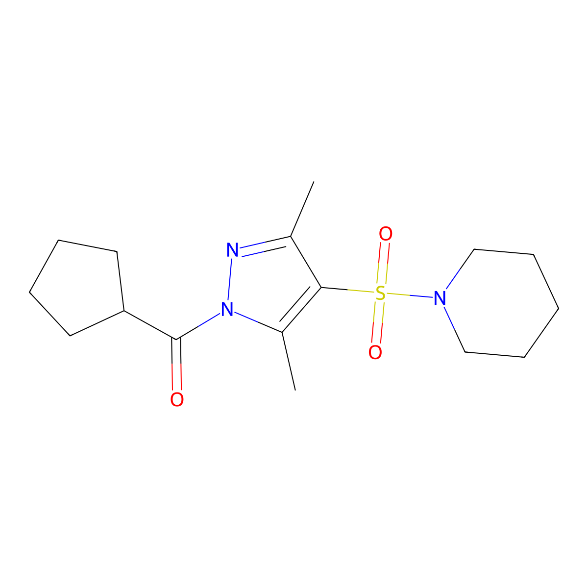 cyclopentyl(3,5-dimethyl-4-(piperidin-1-ylsulfonyl)-1H-pyrazol-1-yl)methanone molecular structure, CAS 1019105-41-9