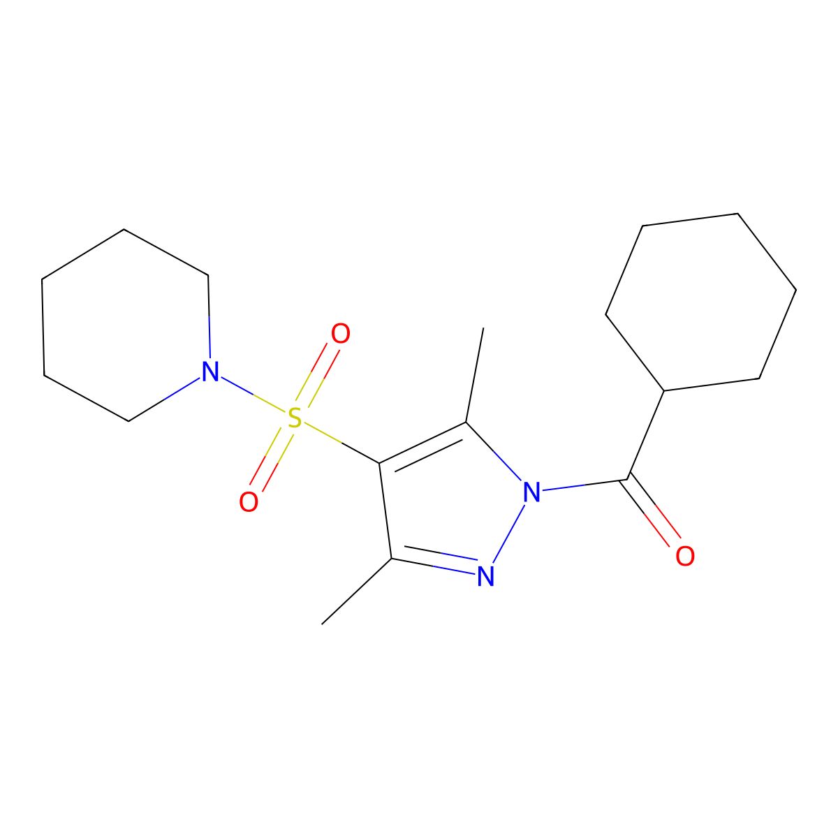 cyclohexyl(3,5-dimethyl-4-(piperidin-1-ylsulfonyl)-1H-pyrazol-1-yl)methanone molecular structure, CAS 1019105-45-3