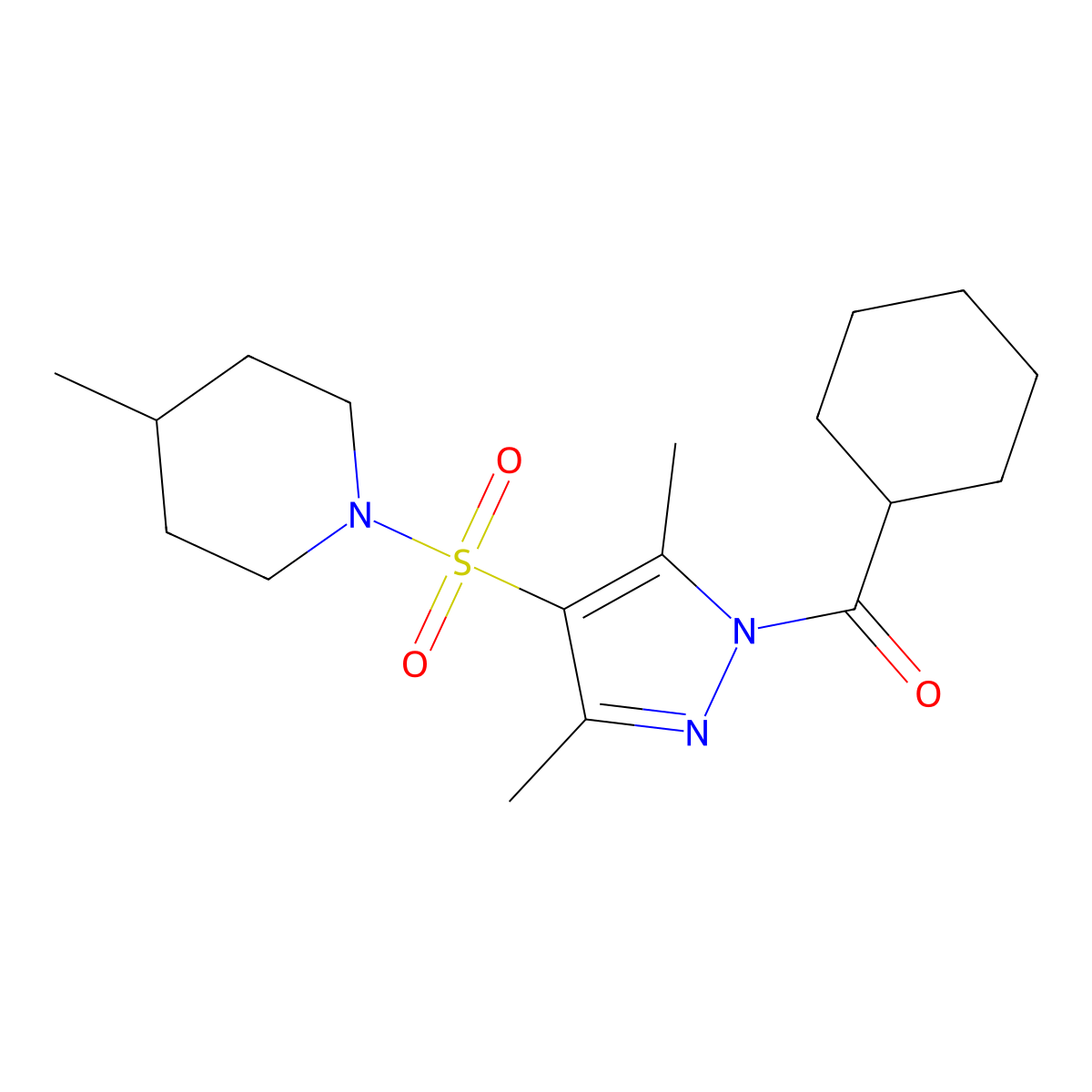 cyclohexyl(3,5-dimethyl-4-((4-methylpiperidin-1-yl)sulfonyl)-1H-pyrazol-1-yl)methanone molecular structure, CAS 1019105-47-5