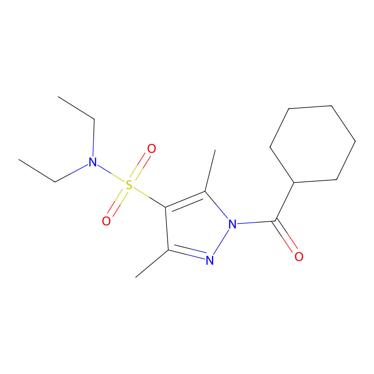 1-(cyclohexanecarbonyl)-N,N-diethyl-3,5-dimethyl-1H-pyrazole-4-sulfonamide molecular structure, CAS 1019105-51-1