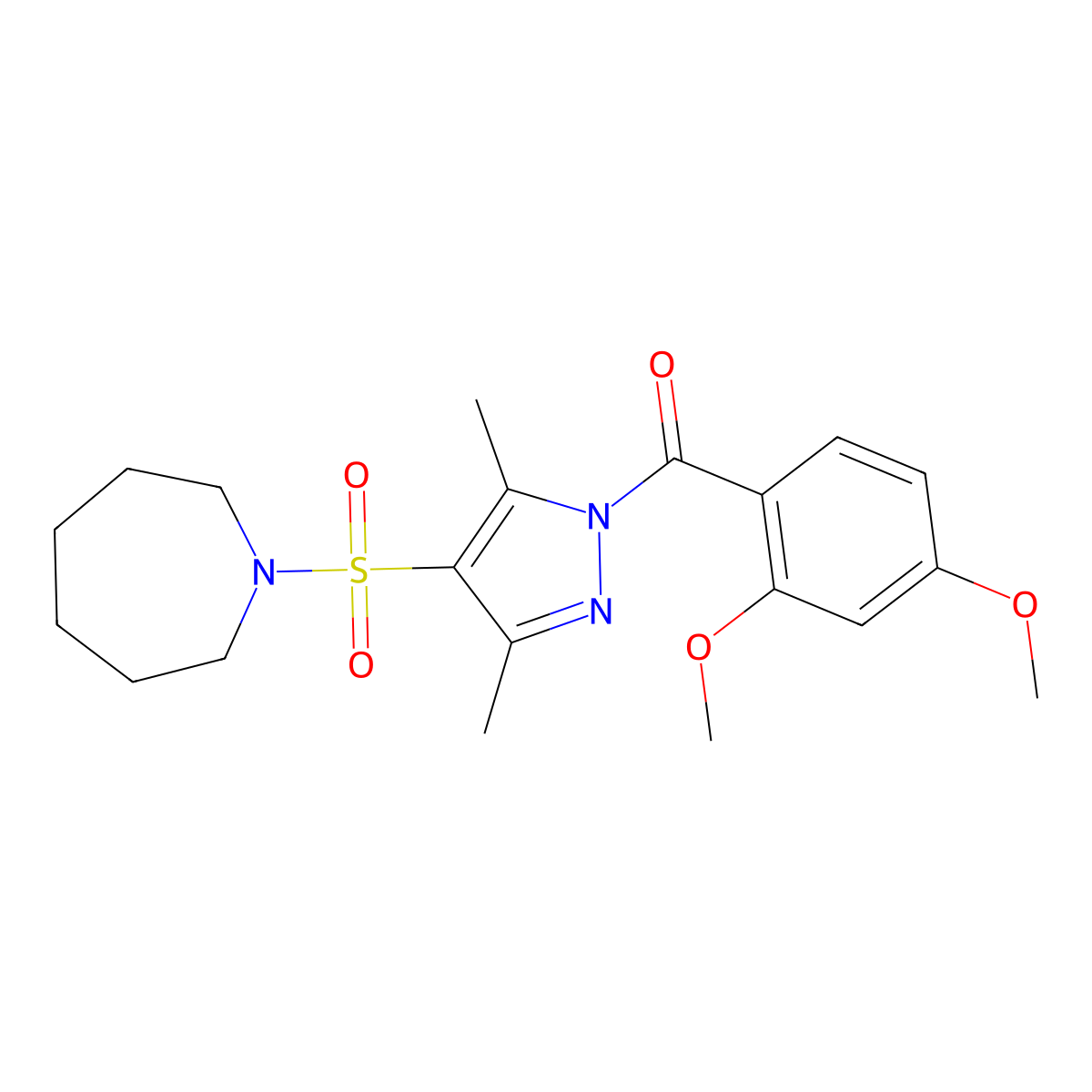 (4-(azepan-1-ylsulfonyl)-3,5-dimethyl-1H-pyrazol-1-yl)(2,4-dimethoxyphenyl)methanone molecular structure, CAS 1019105-55-5