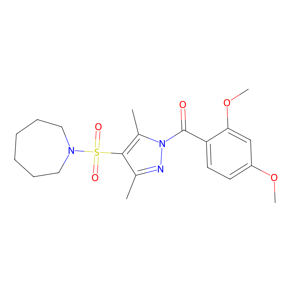 (4-(azepan-1-ylsulfonyl)-3,5-dimethyl-1H-pyrazol-1-yl)(2,4-dimethoxyphenyl)methanone molecular structure, CAS 1019105-55-5
