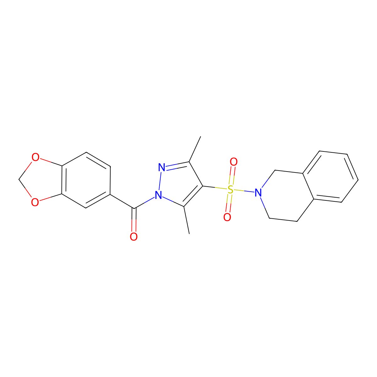 benzo[d][1,3]dioxol-5-yl(4-((3,4-dihydroisoquinolin-2(1H)-yl)sulfonyl)-3,5-dimethyl-1H-pyrazol-1-yl)methanone molecular structure, CAS 1019105-57-7
