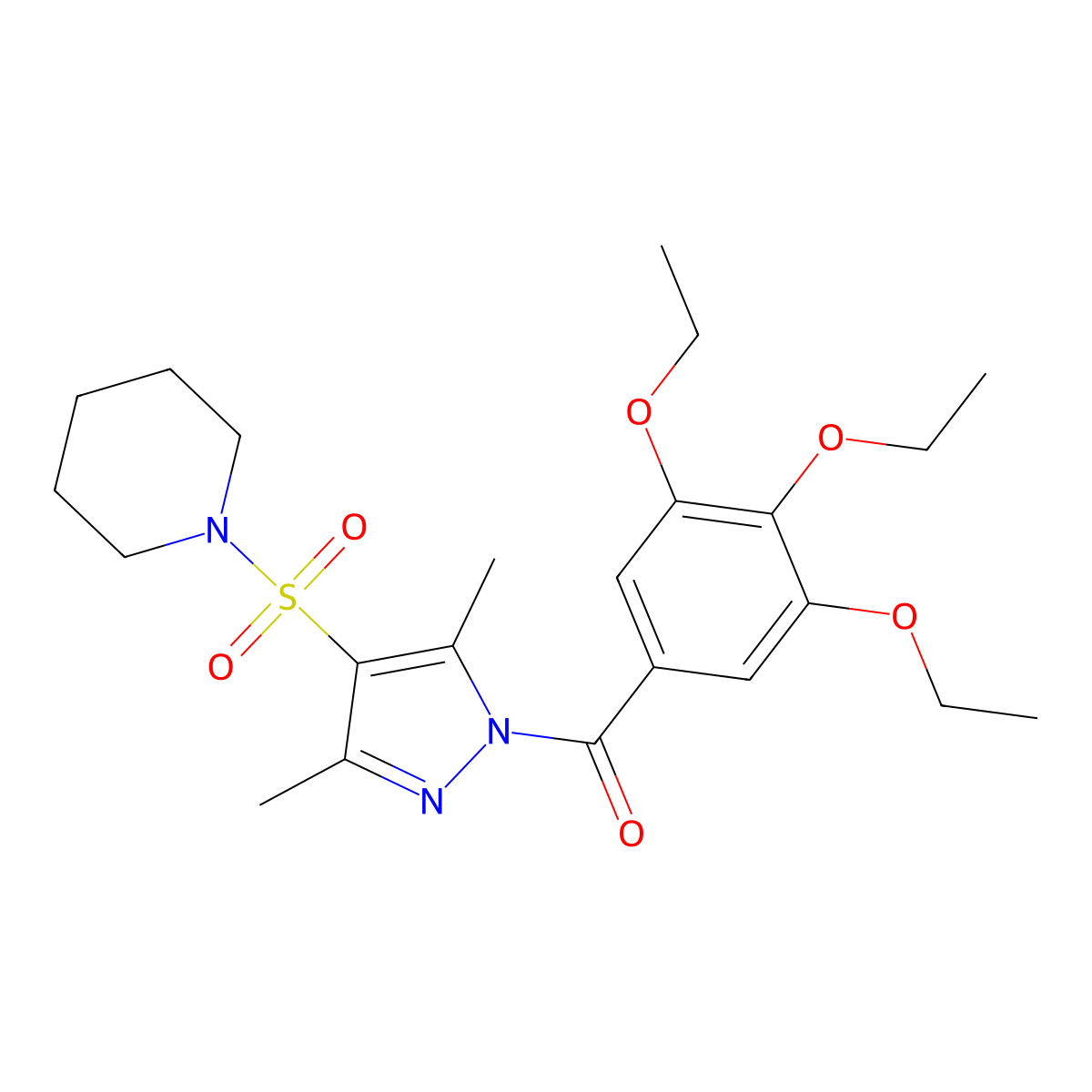 (3,5-dimethyl-4-(piperidin-1-ylsulfonyl)-1H-pyrazol-1-yl)(3,4,5-triethoxyphenyl)methanone molecular structure, CAS 1019105-59-9