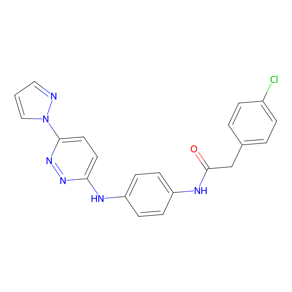 2-(4-chlorophenyl)-N-(4-{[6-(1H-pyrazol-1-yl)pyridazin-3-yl]amino}phenyl)acetamide molecular structure, CAS 1019105-66-8