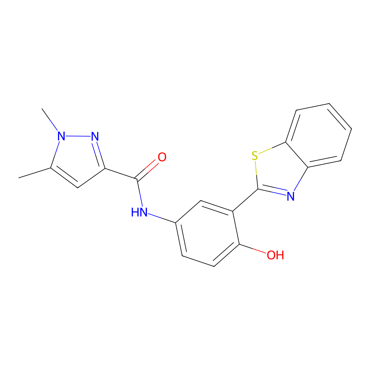 N-(3-(benzo[d]thiazol-2-yl)-4-hydroxyphenyl)-1,5-dimethyl-1H-pyrazole-3-carboxamide molecular structure, CAS 1019105-72-6