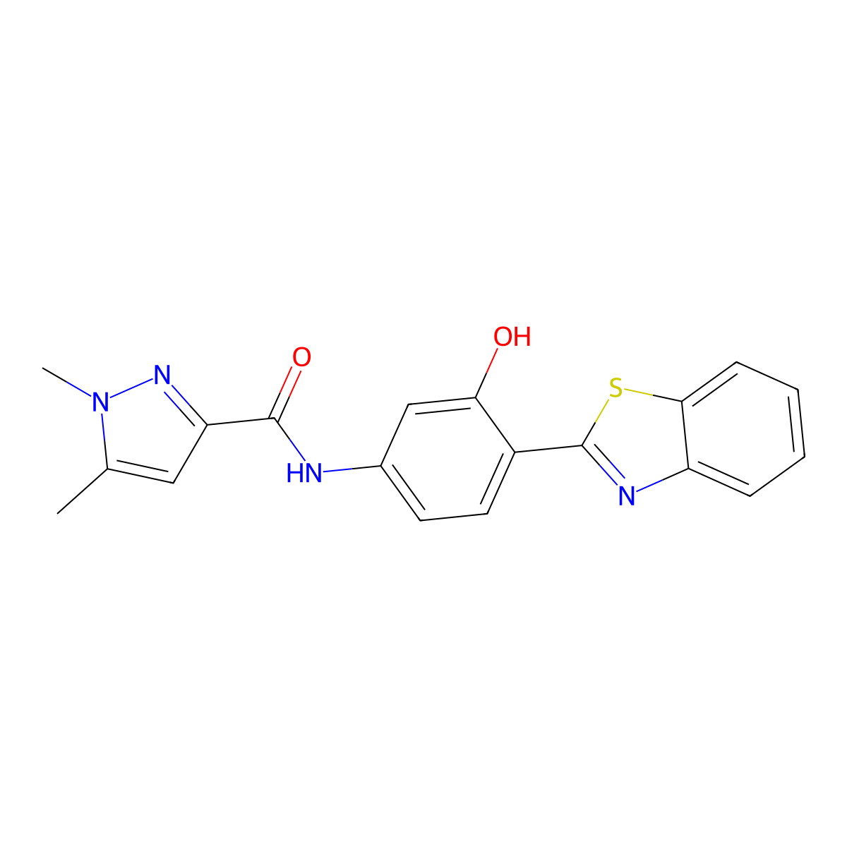 N-(4-(benzo[d]thiazol-2-yl)-3-hydroxyphenyl)-1,5-dimethyl-1H-pyrazole-3-carboxamide molecular structure, CAS 1019105-80-6