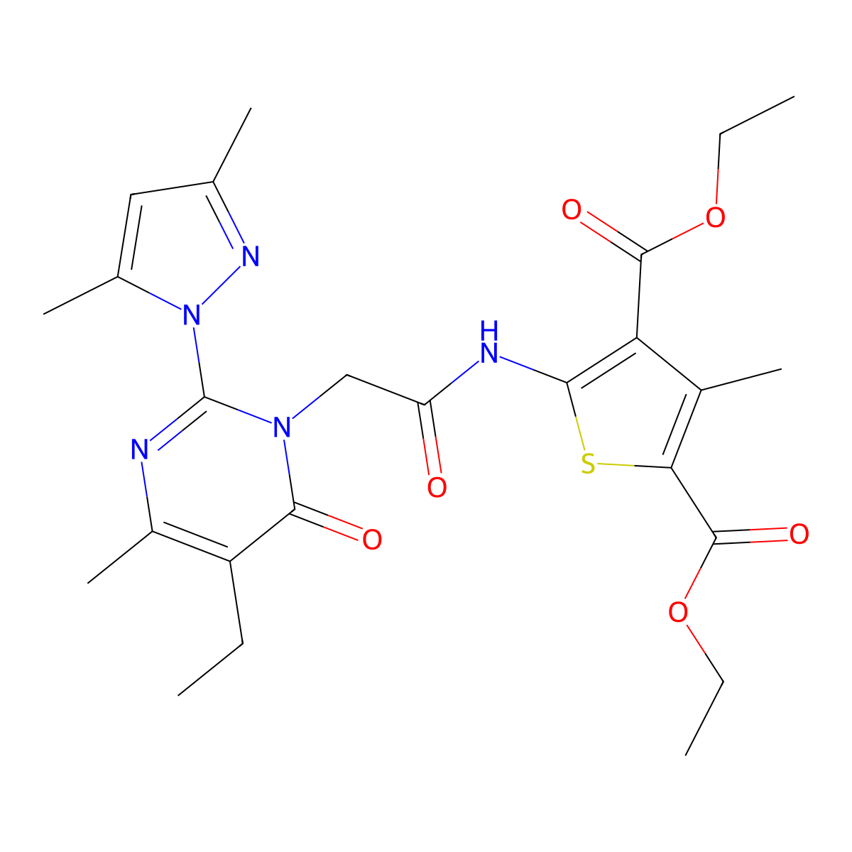 diethyl 5-(2-(2-(3,5-dimethyl-1H-pyrazol-1-yl)-5-ethyl-4-methyl-6-oxopyrimidin-1(6H)-yl)acetamido)-3-methylthiophene-2,4-dicarboxylate molecular structure, CAS 1019105-87-3