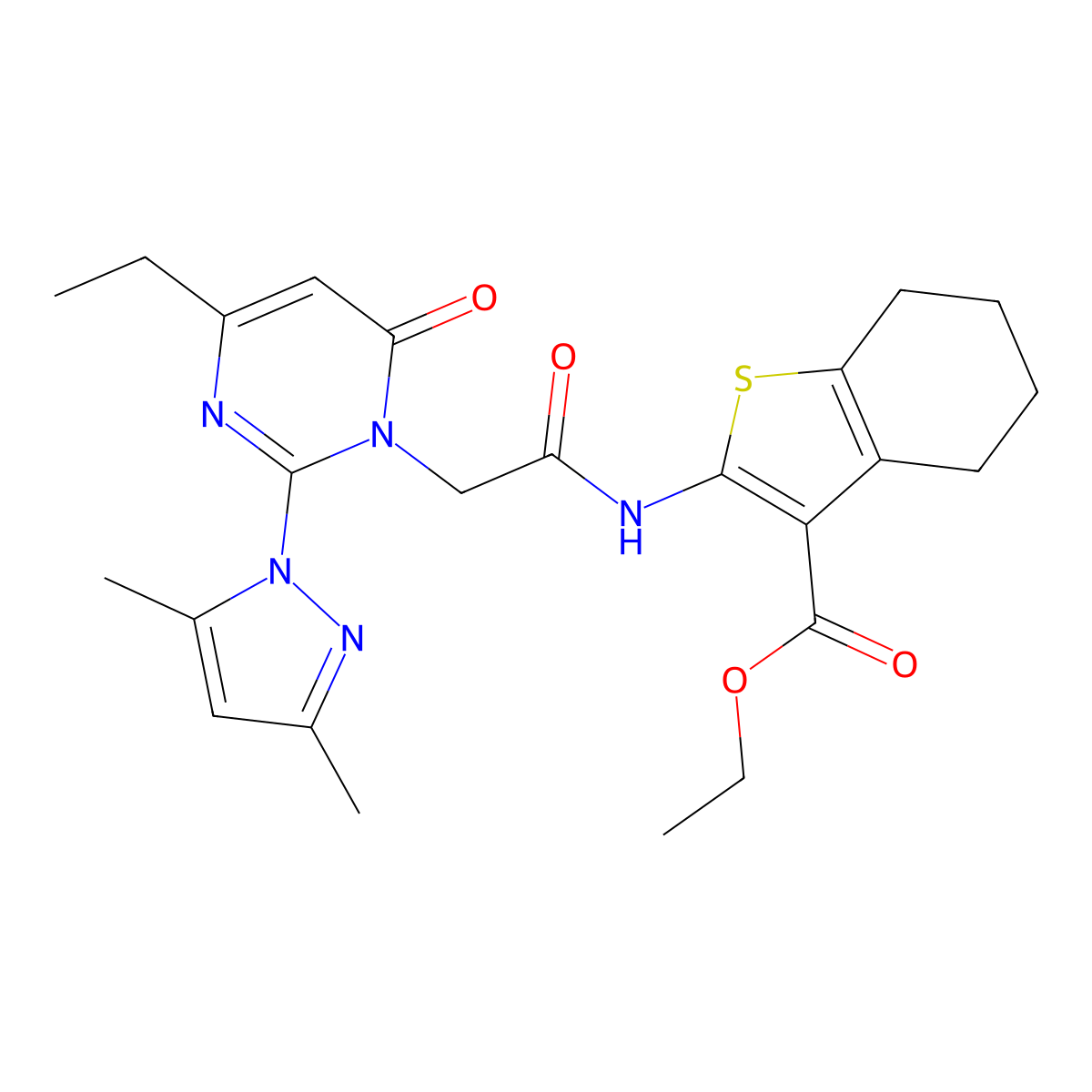 ethyl 2-(2-(2-(3,5-dimethyl-1H-pyrazol-1-yl)-4-ethyl-6-oxopyrimidin-1(6H)-yl)acetamido)-4,5,6,7-tetrahydrobenzo[b]thiophene-3-carboxylate molecular structure, CAS 1019105-93-1