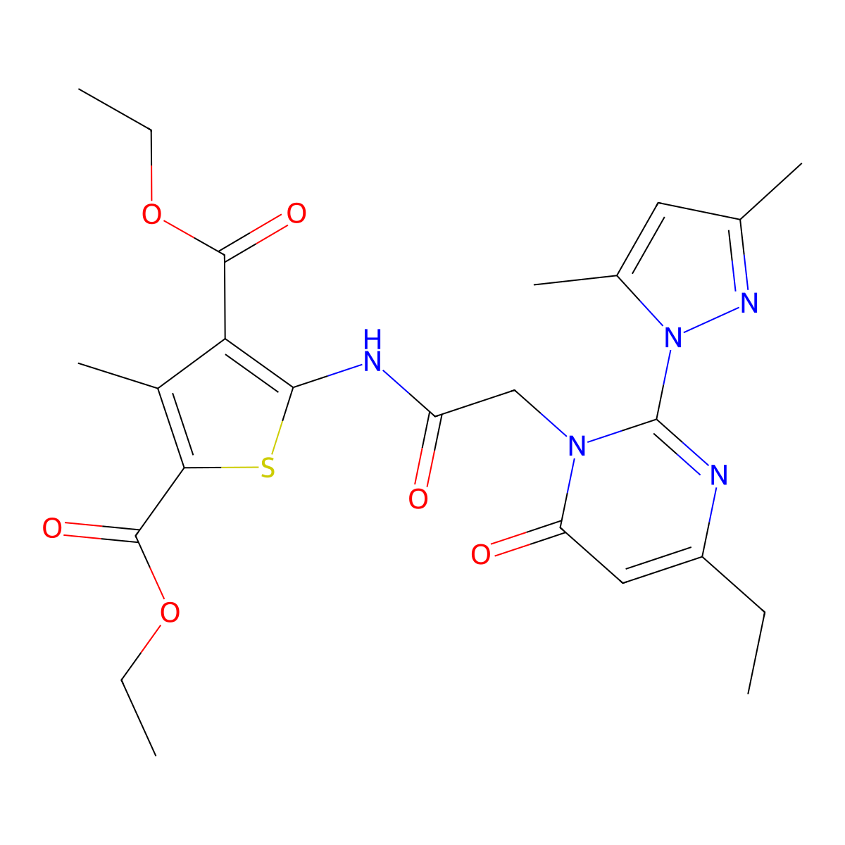 diethyl 5-(2-(2-(3,5-dimethyl-1H-pyrazol-1-yl)-4-ethyl-6-oxopyrimidin-1(6H)-yl)acetamido)-3-methylthiophene-2,4-dicarboxylate molecular structure, CAS 1019105-95-3