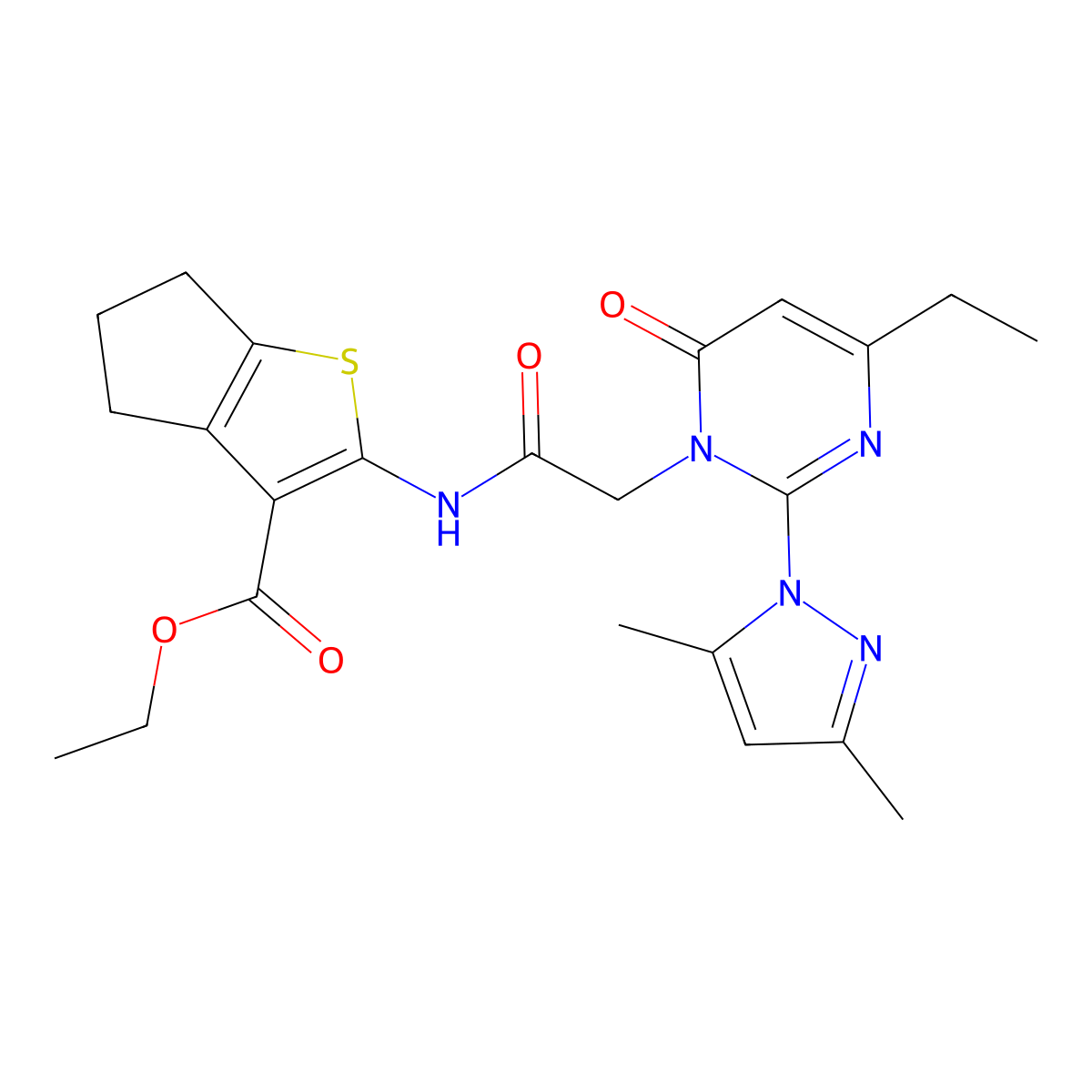 ethyl 2-(2-(2-(3,5-dimethyl-1H-pyrazol-1-yl)-4-ethyl-6-oxopyrimidin-1(6H)-yl)acetamido)-5,6-dihydro-4H-cyclopenta[b]thiophene-3-carboxylate molecular structure, CAS 1019105-97-5