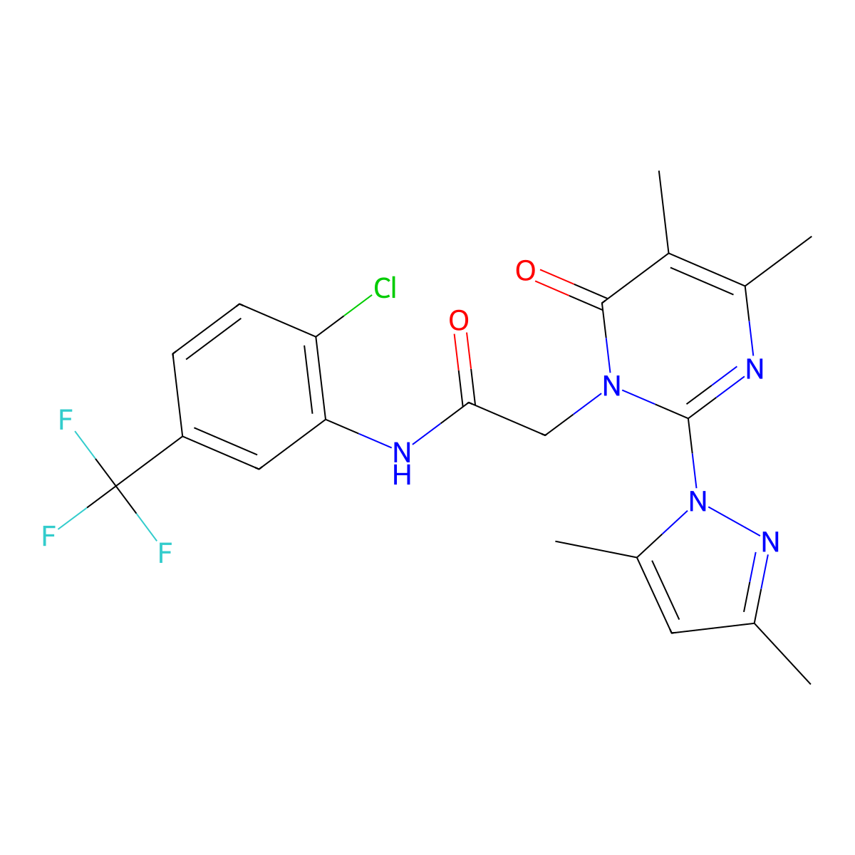 N-(2-chloro-5-(trifluoromethyl)phenyl)-2-(2-(3,5-dimethyl-1H-pyrazol-1-yl)-4,5-dimethyl-6-oxopyrimidin-1(6H)-yl)acetamide molecular structure, CAS 1019106-08-1