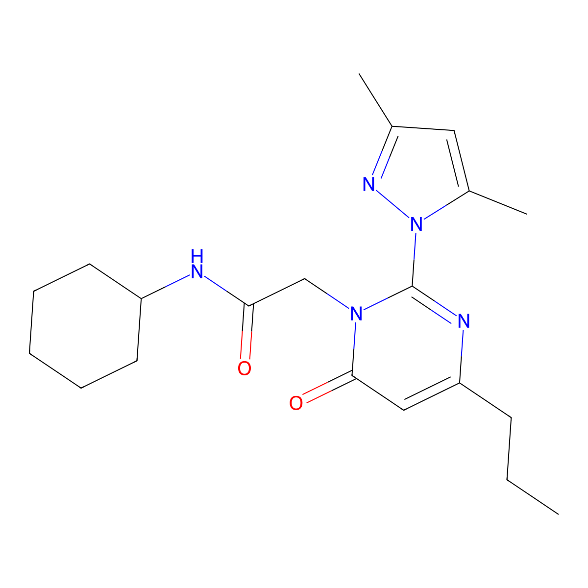 N-cyclohexyl-2-(2-(3,5-dimethyl-1H-pyrazol-1-yl)-6-oxo-4-propylpyrimidin-1(6H)-yl)acetamide molecular structure, CAS 1019106-28-5