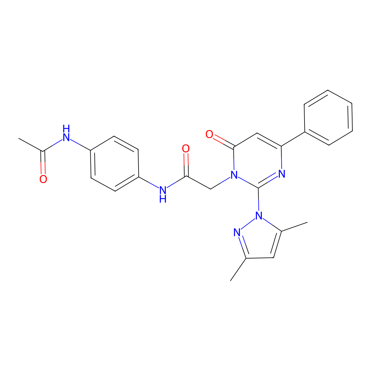 N-(4-acetamidophenyl)-2-(2-(3,5-dimethyl-1H-pyrazol-1-yl)-6-oxo-4-phenylpyrimidin-1(6H)-yl)acetamide molecular structure, CAS 1019106-65-0
