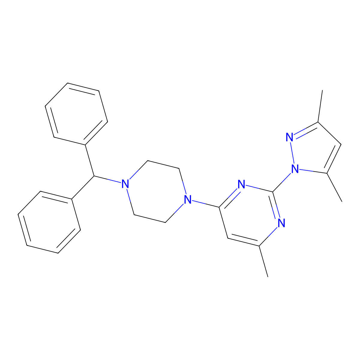 2-(3,5-dimethyl-1H-pyrazol-1-yl)-4-[4-(diphenylmethyl)piperazin-1-yl]-6-methylpyrimidine molecular structure, CAS 1019106-84-3