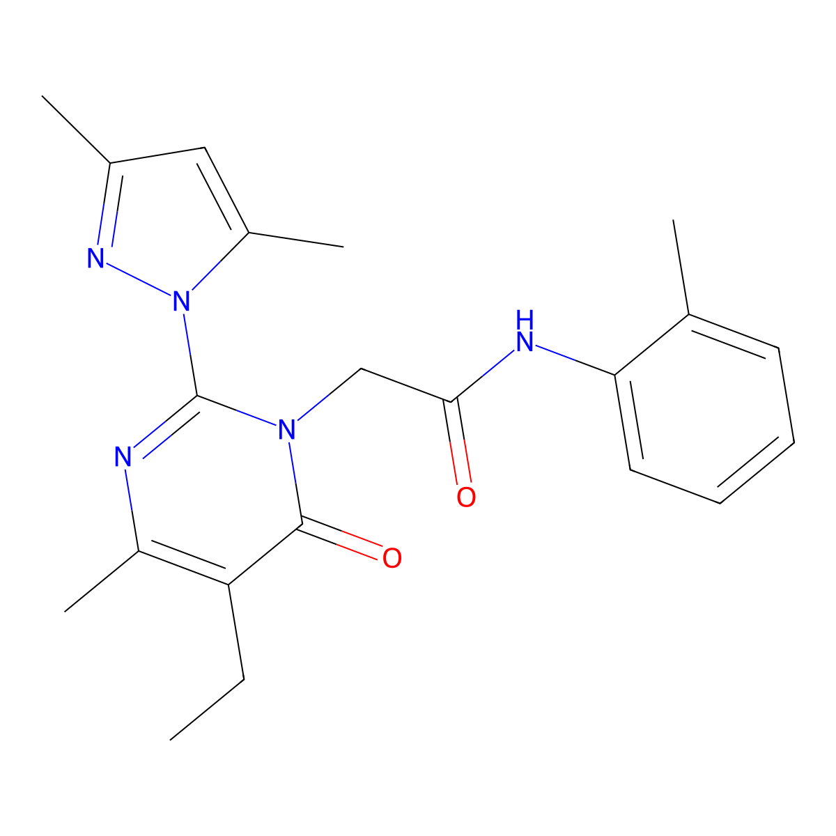 2-[2-(3,5-dimethyl-1H-pyrazol-1-yl)-5-ethyl-4-methyl-6-oxo-1,6-dihydropyrimidin-1-yl]-N-(2-methylphenyl)acetamide molecular structure, CAS 1019106-90-1