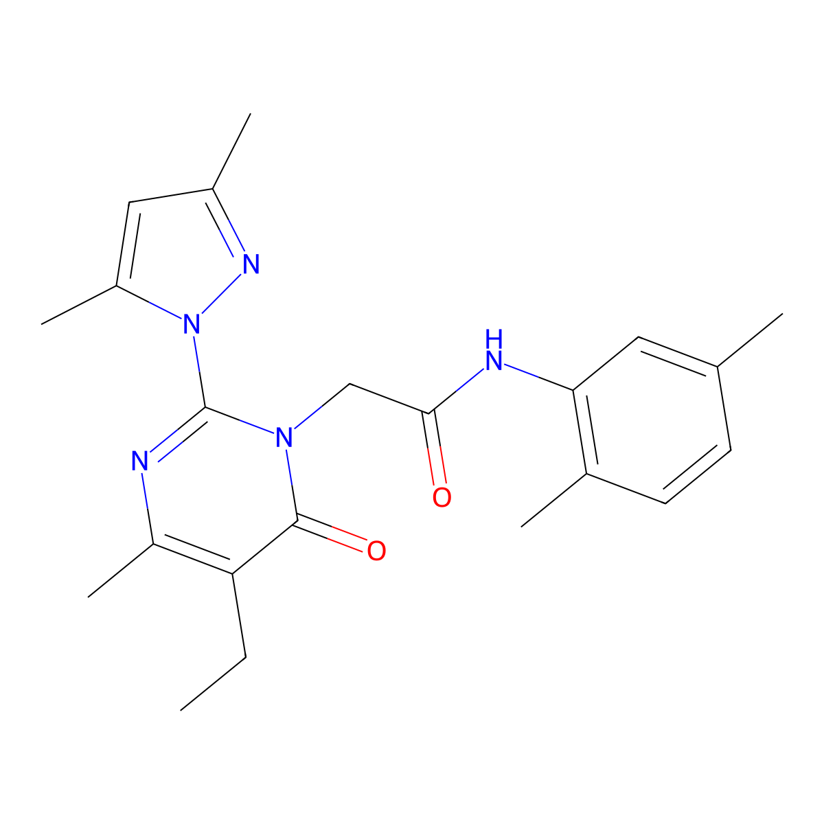 2-[2-(3,5-dimethyl-1H-pyrazol-1-yl)-5-ethyl-4-methyl-6-oxo-1,6-dihydropyrimidin-1-yl]-N-(2,5-dimethylphenyl)acetamide molecular structure, CAS 1019106-94-5