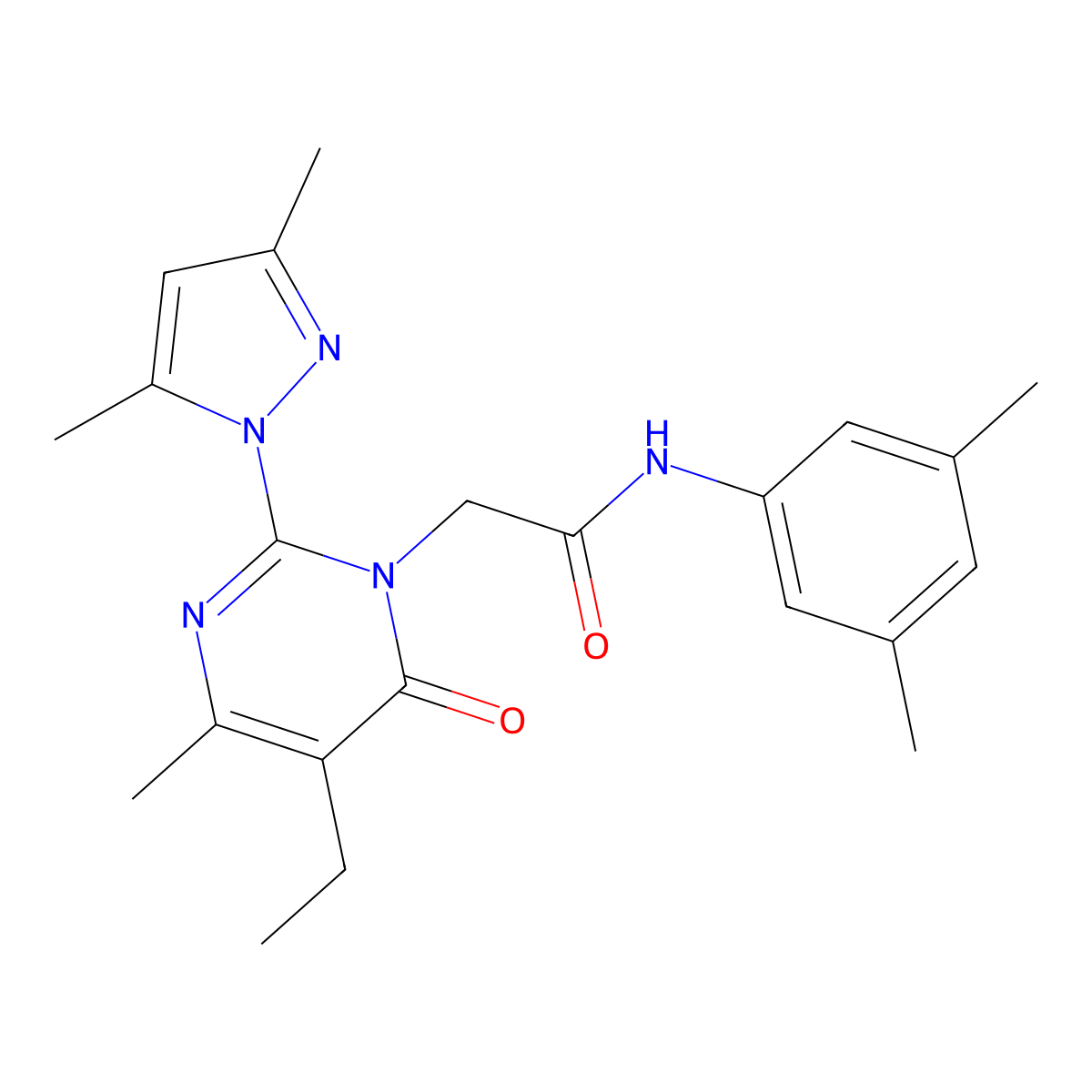2-[2-(3,5-dimethyl-1H-pyrazol-1-yl)-5-ethyl-4-methyl-6-oxo-1,6-dihydropyrimidin-1-yl]-N-(3,5-dimethylphenyl)acetamide molecular structure, CAS 1019106-96-7