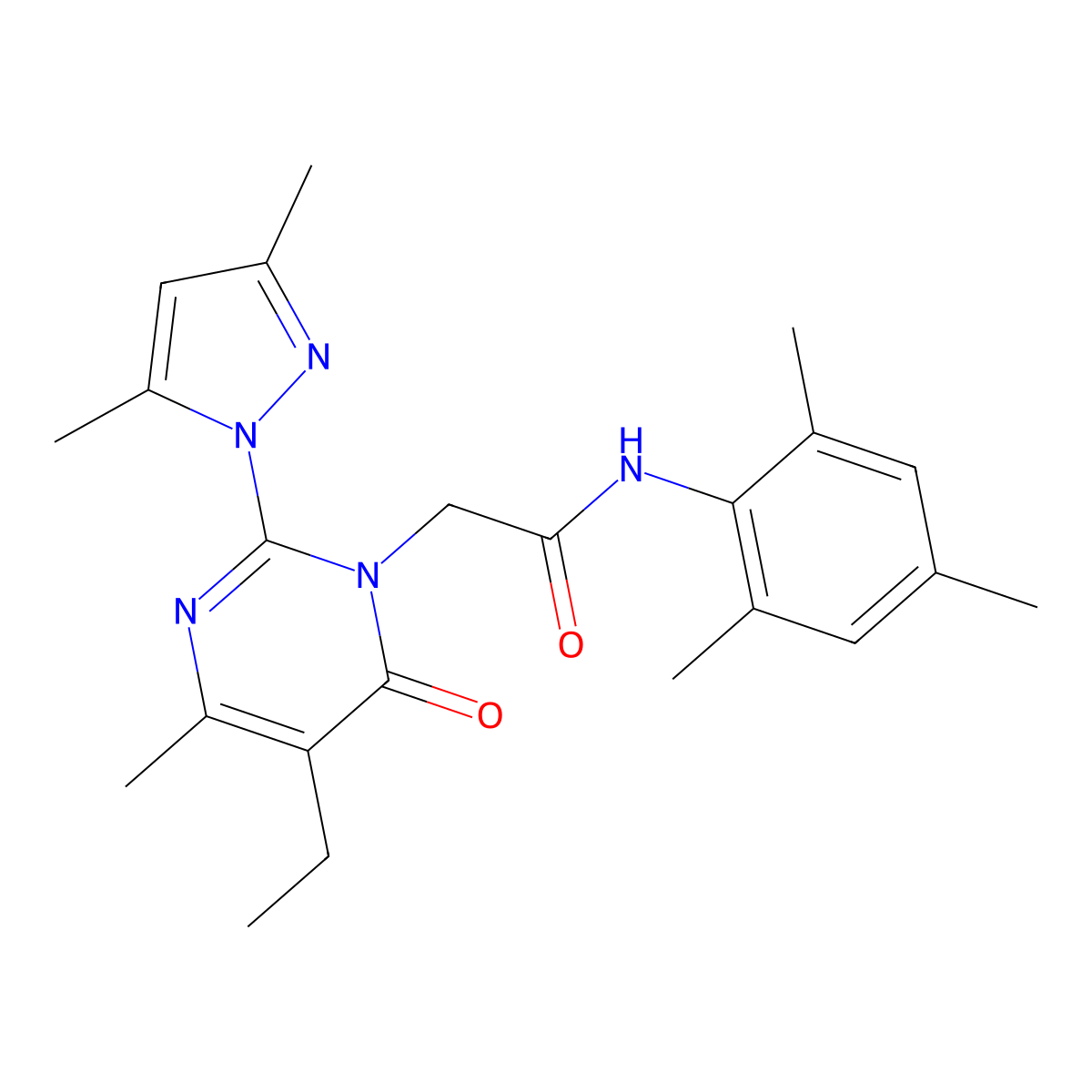 2-[2-(3,5-dimethyl-1H-pyrazol-1-yl)-5-ethyl-4-methyl-6-oxo-1,6-dihydropyrimidin-1-yl]-N-(2,4,6-trimethylphenyl)acetamide molecular structure, CAS 1019106-97-8