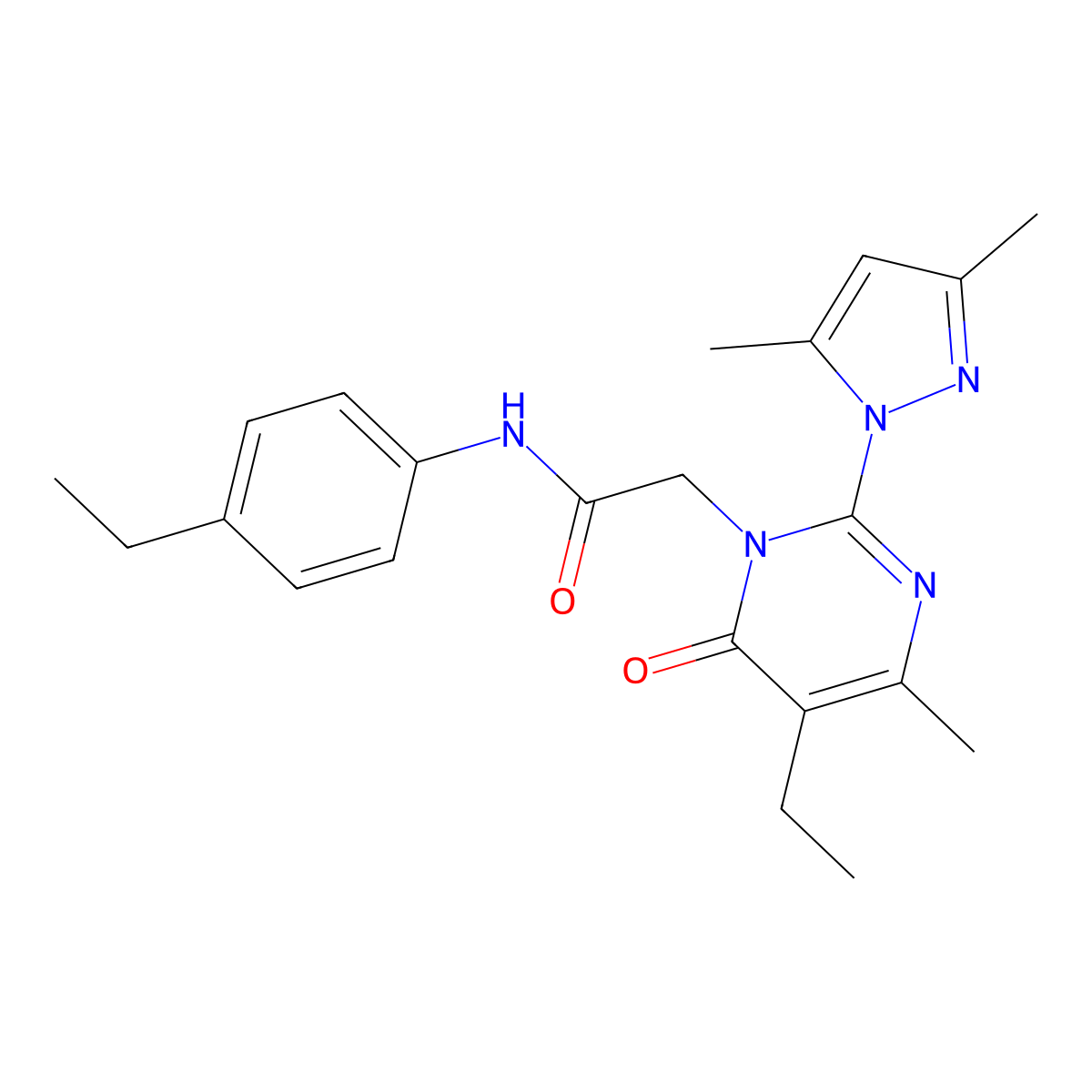 2-(2-(3,5-dimethyl-1H-pyrazol-1-yl)-5-ethyl-4-methyl-6-oxopyrimidin-1(6H)-yl)-N-(4-ethylphenyl)acetamide molecular structure, CAS 1019106-98-9