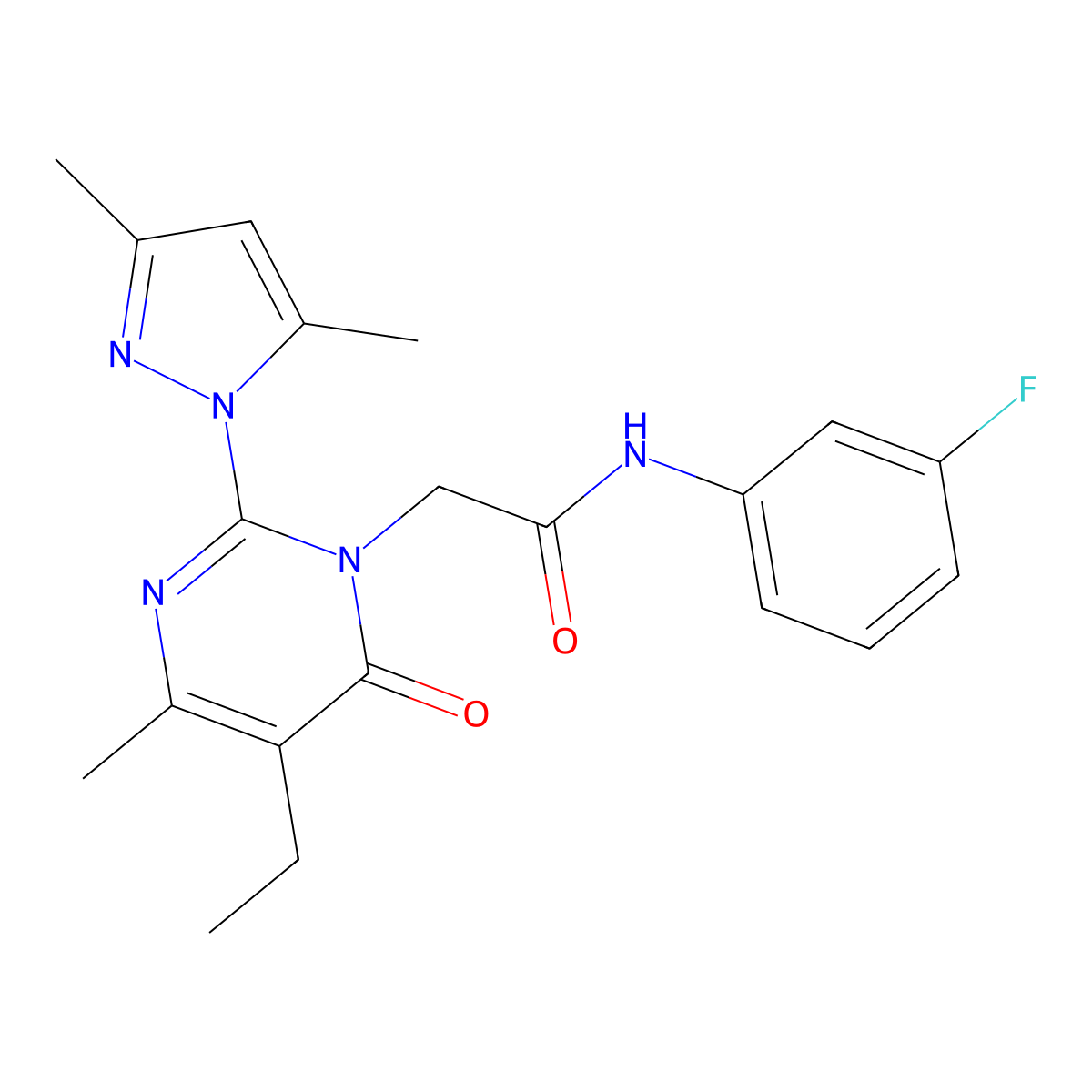2-[2-(3,5-dimethyl-1H-pyrazol-1-yl)-5-ethyl-4-methyl-6-oxo-1,6-dihydropyrimidin-1-yl]-N-(3-fluorophenyl)acetamide molecular structure, CAS 1019107-00-6