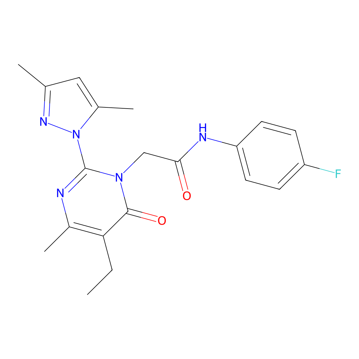 2-[2-(3,5-dimethyl-1H-pyrazol-1-yl)-5-ethyl-4-methyl-6-oxo-1,6-dihydropyrimidin-1-yl]-N-(4-fluorophenyl)acetamide molecular structure, CAS 1019107-01-7
