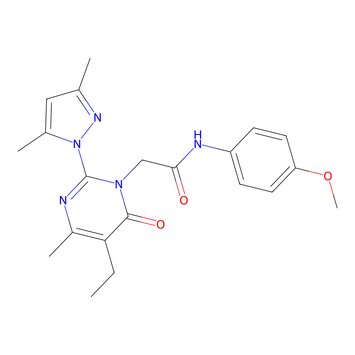 2-[2-(3,5-dimethyl-1H-pyrazol-1-yl)-5-ethyl-4-methyl-6-oxo-1,6-dihydropyrimidin-1-yl]-N-(4-methoxyphenyl)acetamide molecular structure, CAS 1019107-04-0
