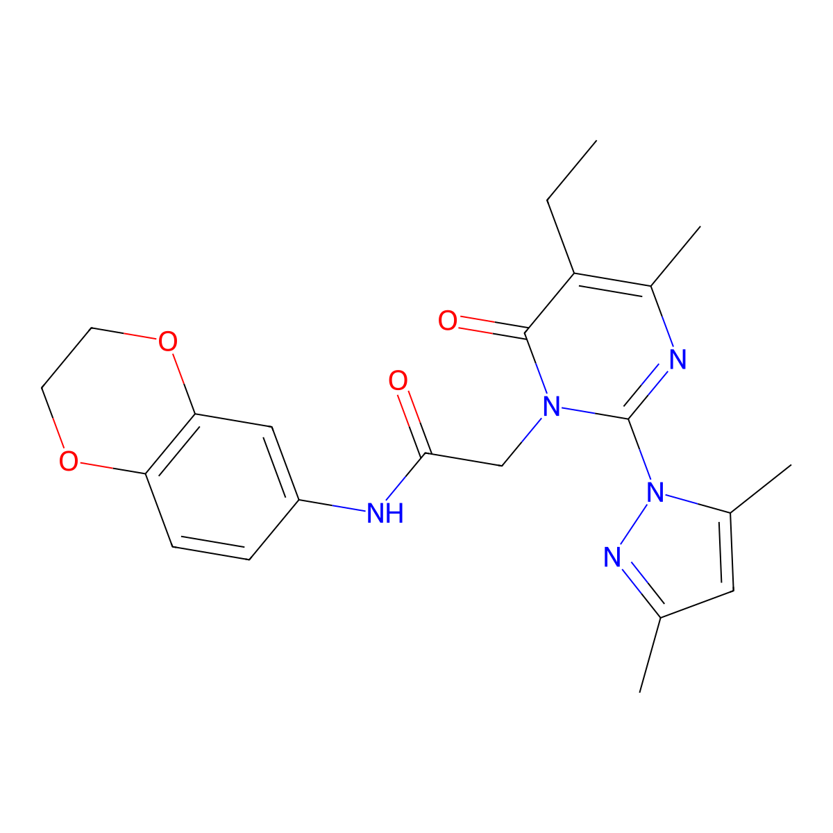 N-(2,3-dihydro-1,4-benzodioxin-6-yl)-2-[2-(3,5-dimethyl-1H-pyrazol-1-yl)-5-ethyl-4-methyl-6-oxo-1,6-dihydropyrimidin-1-yl]acetamide molecular structure, CAS 1019107-09-5