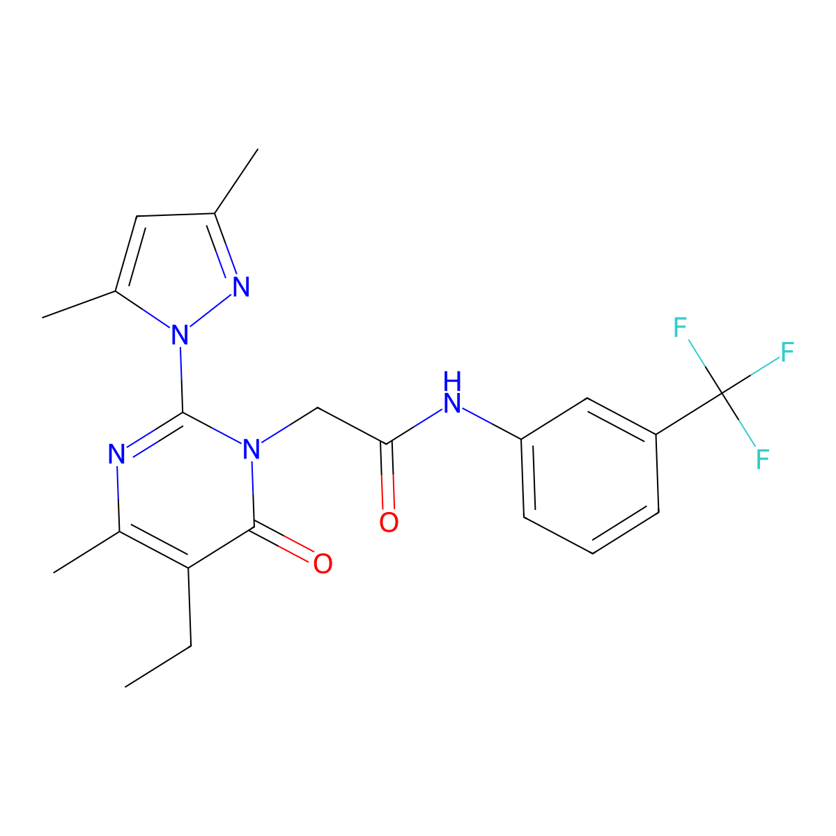 2-[2-(3,5-dimethyl-1H-pyrazol-1-yl)-5-ethyl-4-methyl-6-oxo-1,6-dihydropyrimidin-1-yl]-N-[3-(trifluoromethyl)phenyl]acetamide molecular structure, CAS 1019107-10-8