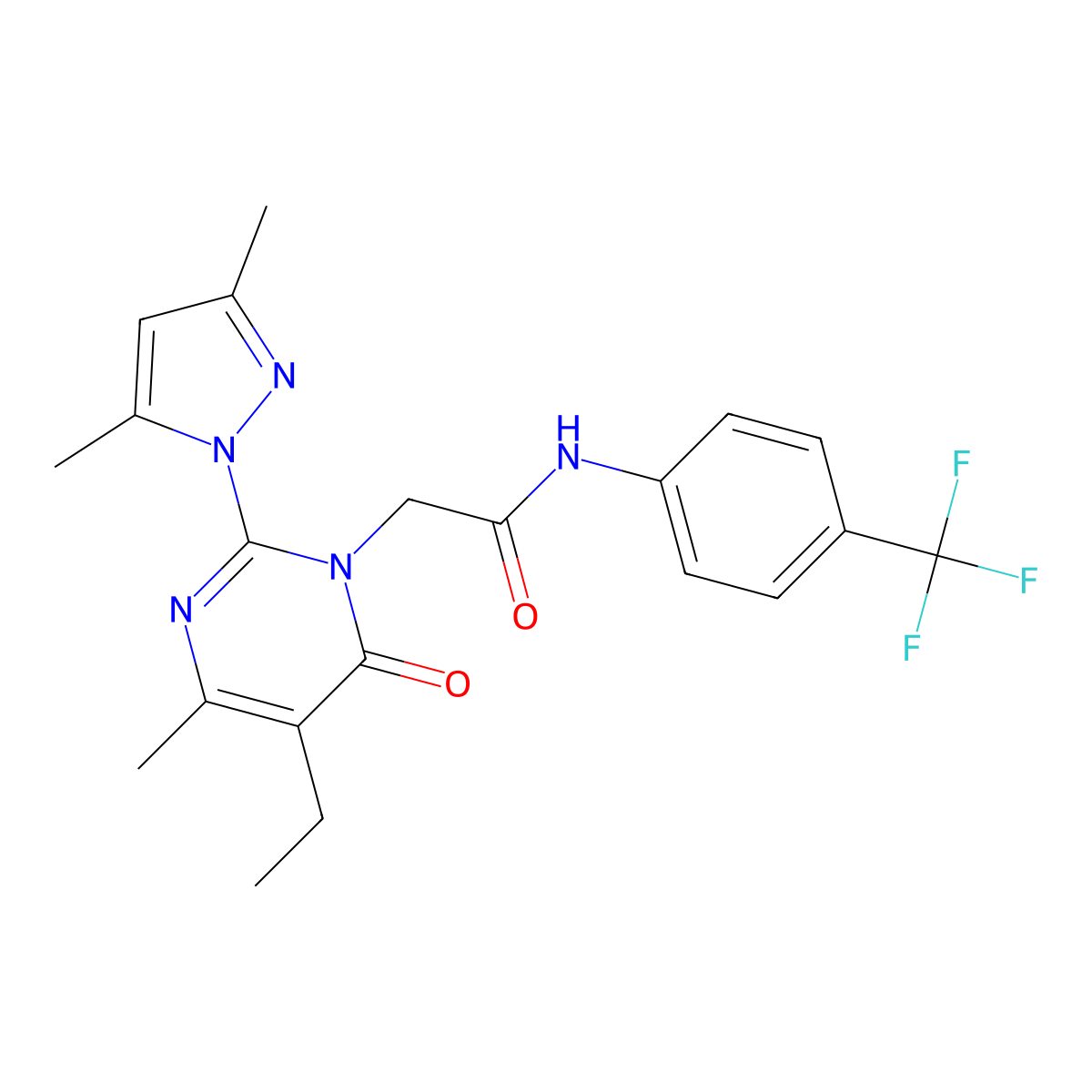 2-[2-(3,5-dimethyl-1H-pyrazol-1-yl)-5-ethyl-4-methyl-6-oxo-1,6-dihydropyrimidin-1-yl]-N-[4-(trifluoromethyl)phenyl]acetamide molecular structure, CAS 1019107-11-9