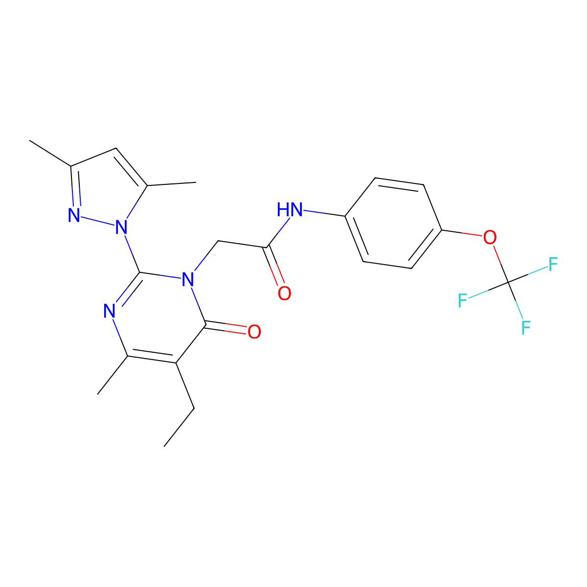 2-[2-(3,5-dimethyl-1H-pyrazol-1-yl)-5-ethyl-4-methyl-6-oxo-1,6-dihydropyrimidin-1-yl]-N-[4-(trifluoromethoxy)phenyl]acetamide molecular structure, CAS 1019107-12-0