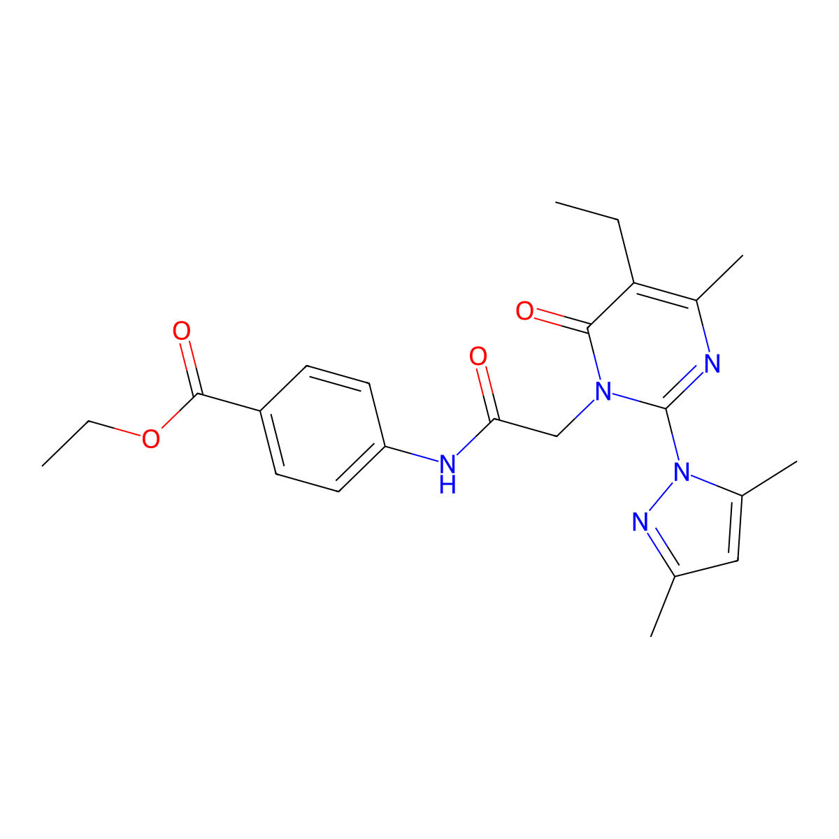 ethyl 4-{2-[2-(3,5-dimethyl-1H-pyrazol-1-yl)-5-ethyl-4-methyl-6-oxo-1,6-dihydropyrimidin-1-yl]acetamido}benzoate molecular structure, CAS 1019107-14-2