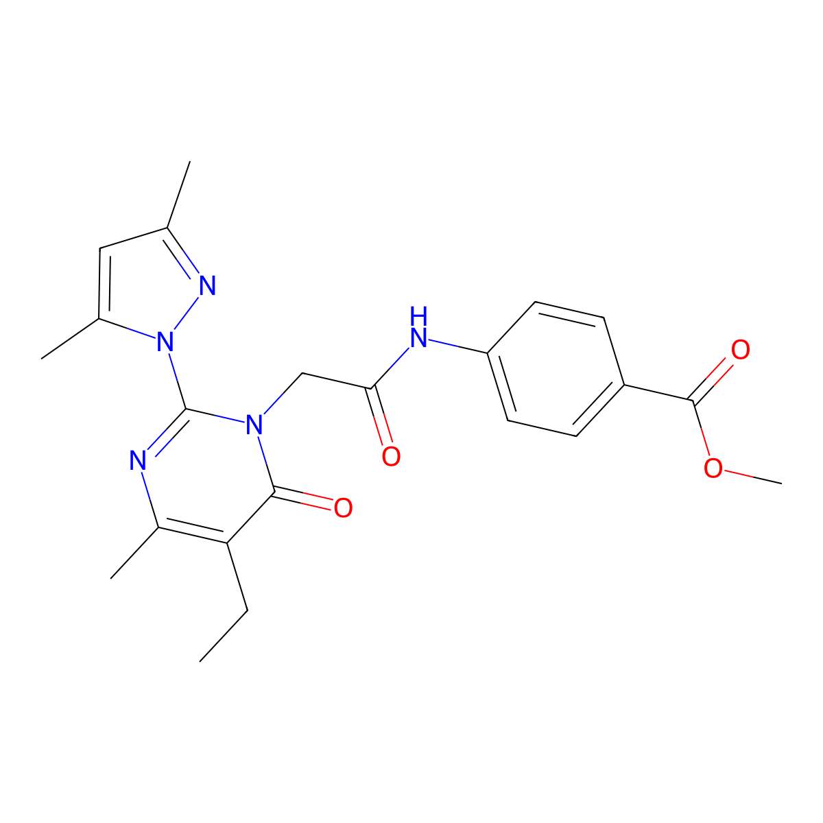 methyl 4-{2-[2-(3,5-dimethyl-1H-pyrazol-1-yl)-5-ethyl-4-methyl-6-oxo-1,6-dihydropyrimidin-1-yl]acetamido}benzoate molecular structure, CAS 1019107-15-3