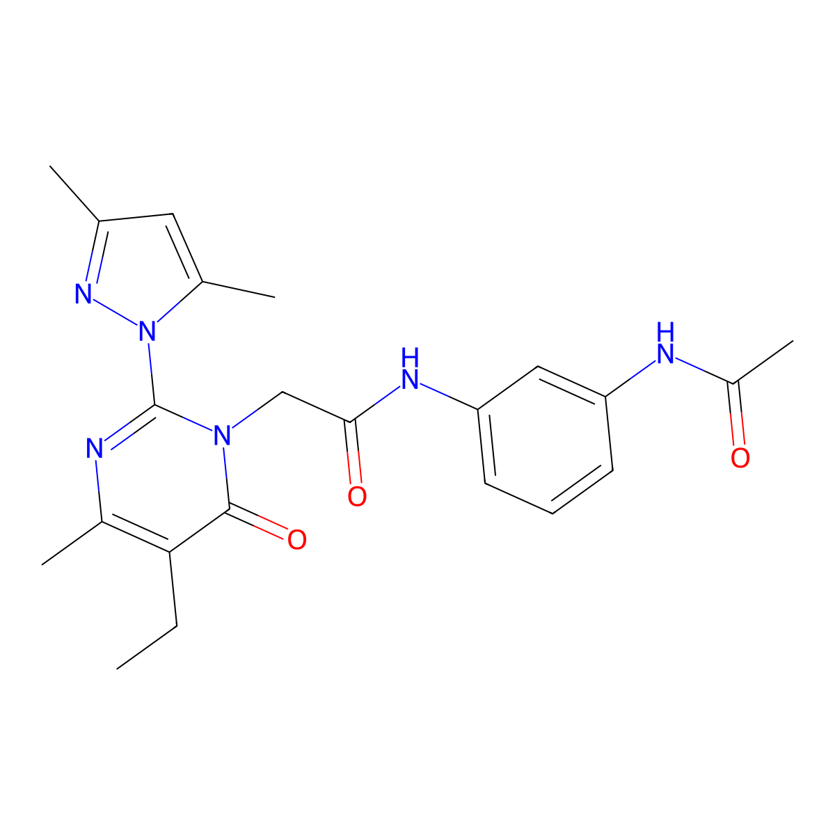 2-[2-(3,5-dimethyl-1H-pyrazol-1-yl)-5-ethyl-4-methyl-6-oxo-1,6-dihydropyrimidin-1-yl]-N-(3-acetamidophenyl)acetamide molecular structure, CAS 1019107-17-5