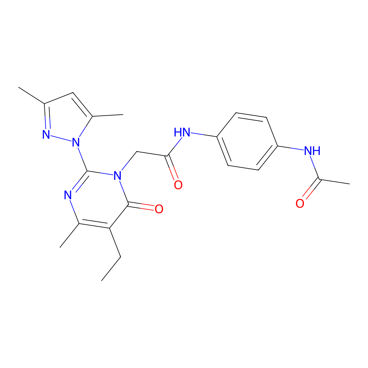 2-[2-(3,5-dimethyl-1H-pyrazol-1-yl)-5-ethyl-4-methyl-6-oxo-1,6-dihydropyrimidin-1-yl]-N-(4-acetamidophenyl)acetamide molecular structure, CAS 1019107-18-6