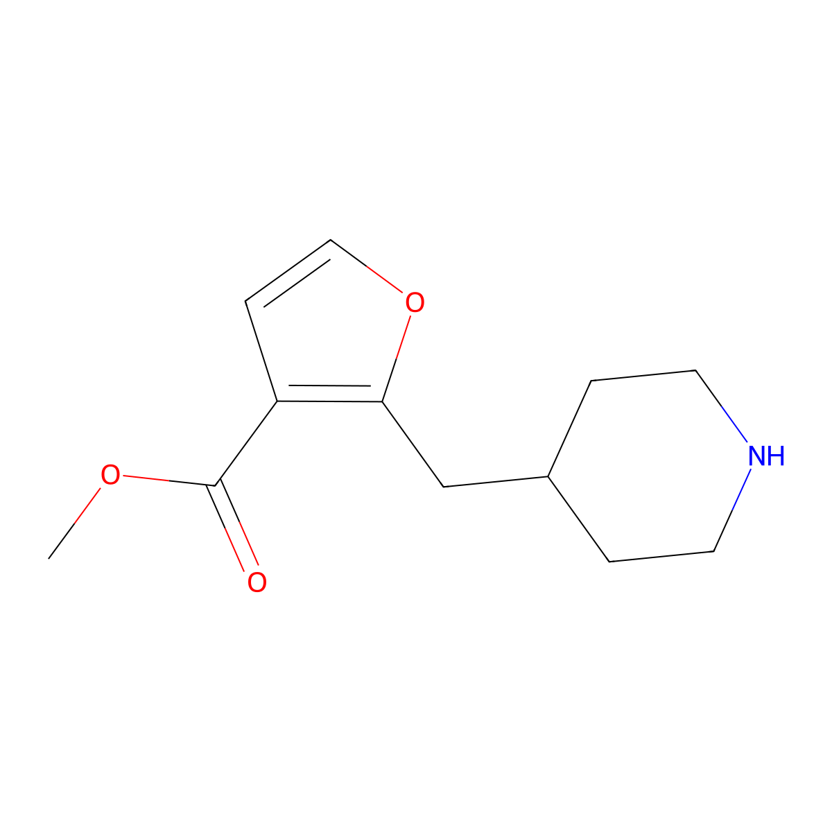 Methyl 2-[(piperidin-4-yl)methyl]furan-3-carboxylate molecular structure, CAS 1019111-24-0
