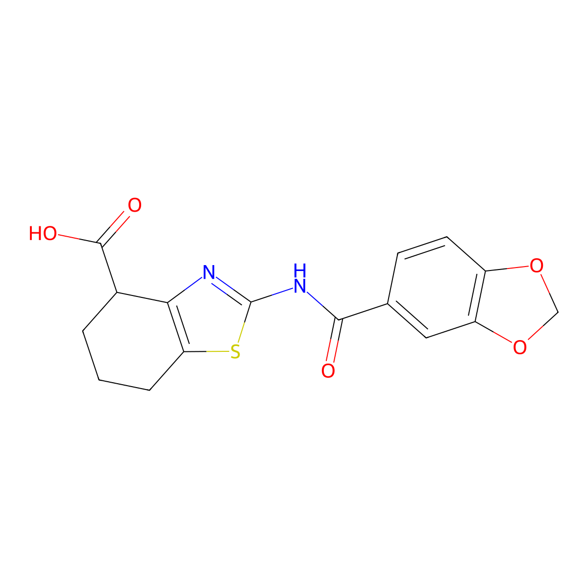 2-(Benzo[d][1,3]dioxole-5-carboxamido)-4,5,6,7-tetrahydrobenzo[d]thiazole-4-carboxylic acid molecular structure, CAS 1019117-27-1