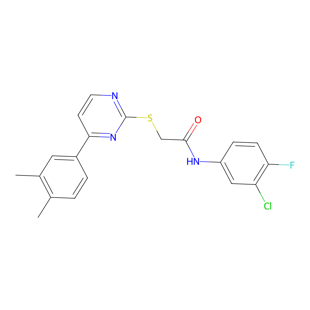N-(3-chloro-4-fluorophenyl)-2-((4-(3,4-dimethylphenyl)pyrimidin-2-yl)thio)acetamide molecular structure, CAS 1019153-45-7