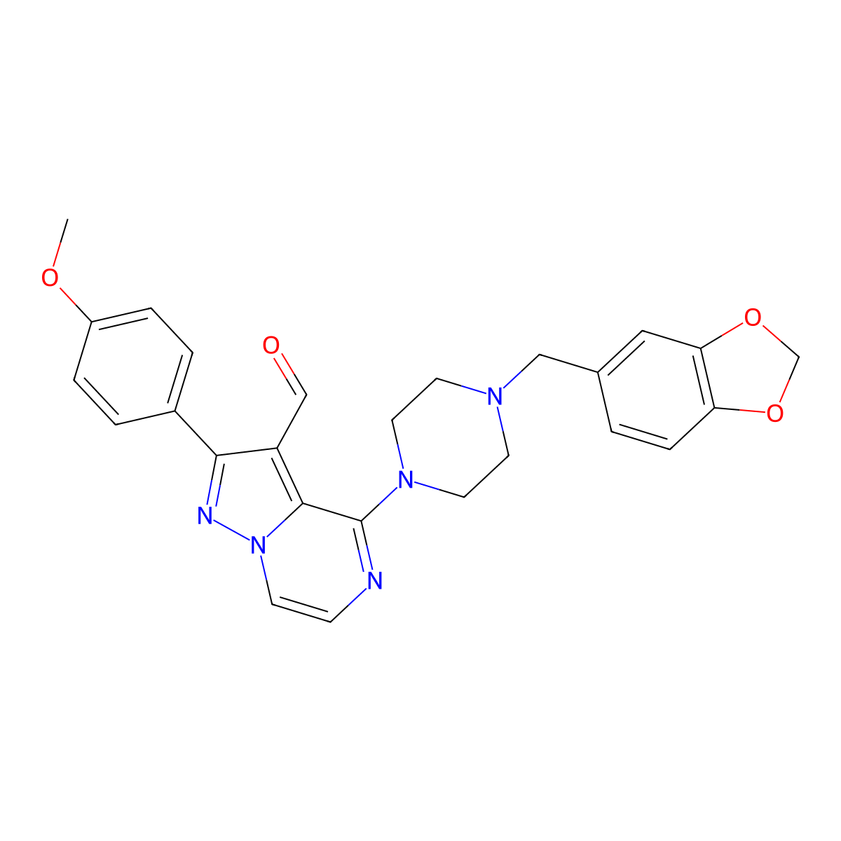 4-[4-(1,3-Benzodioxol-5-ylmethyl)piperazin-1-yl]-2-(4-methoxyphenyl)pyrazolo[1,5-a]pyrazine-3-carbaldehyde molecular structure, CAS 1019153-99-1