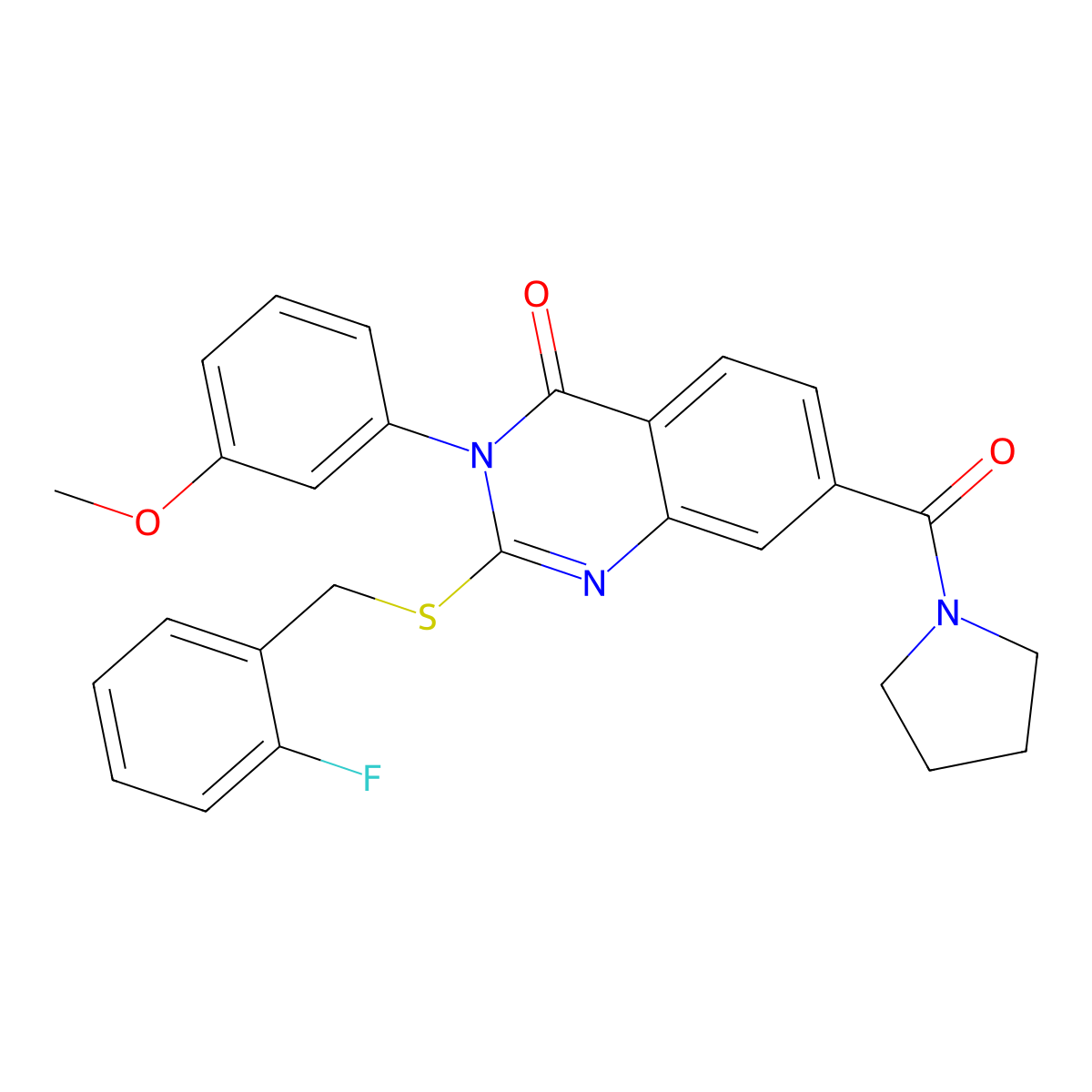 2-((2-fluorobenzyl)thio)-3-(3-methoxyphenyl)-7-(pyrrolidine-1-carbonyl)quinazolin-4(3H)-one molecular structure, CAS 1019159-34-2