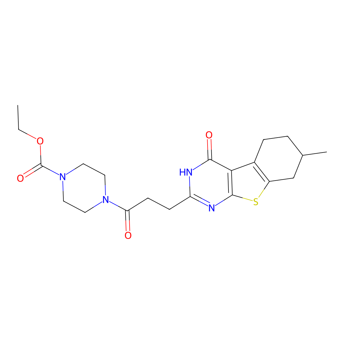 Ethyl 4-[3-(7-methyl-4-oxo-3,4,5,6,7,8-hexahydro[1]benzothieno[2,3-d]pyrimidin-2-yl)propanoyl]piperazine-1-carboxylate molecular structure, CAS 1019161-09-1