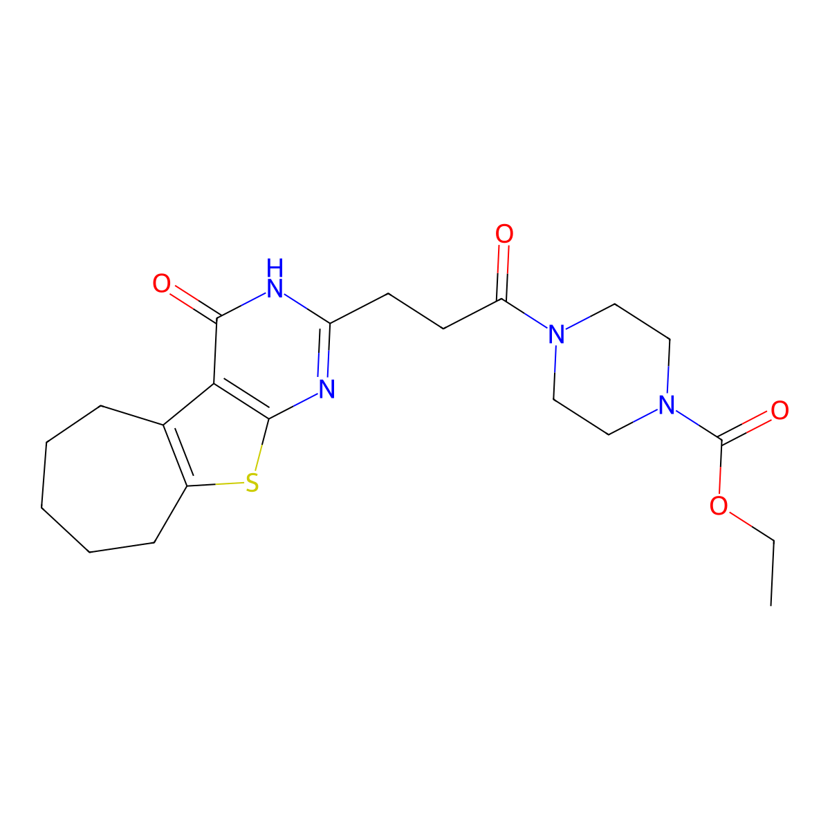 Ethyl 4-(3-{3-oxo-8-thia-4,6-diazatricyclo[7.5.0.0^{2,7}]tetradeca-1(9),2(7),5-trien-5-yl}propanoyl)piperazine-1-carboxylate molecular structure, CAS 1019161-13-7