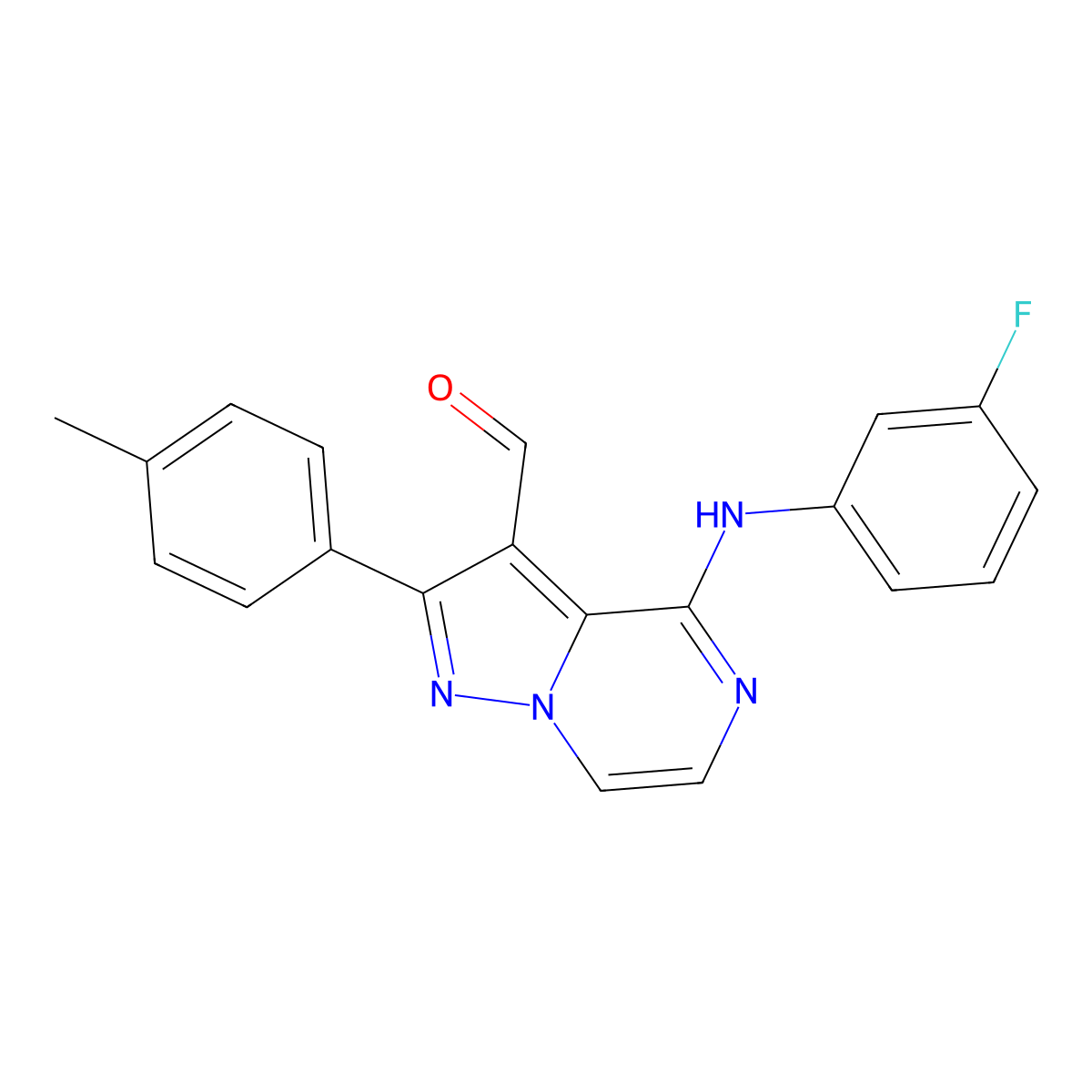 4-[(3-Fluorophenyl)amino]-2-(4-methylphenyl)pyrazolo[1,5-a]pyrazine-3-carbaldehyde molecular structure, CAS 1019163-56-4