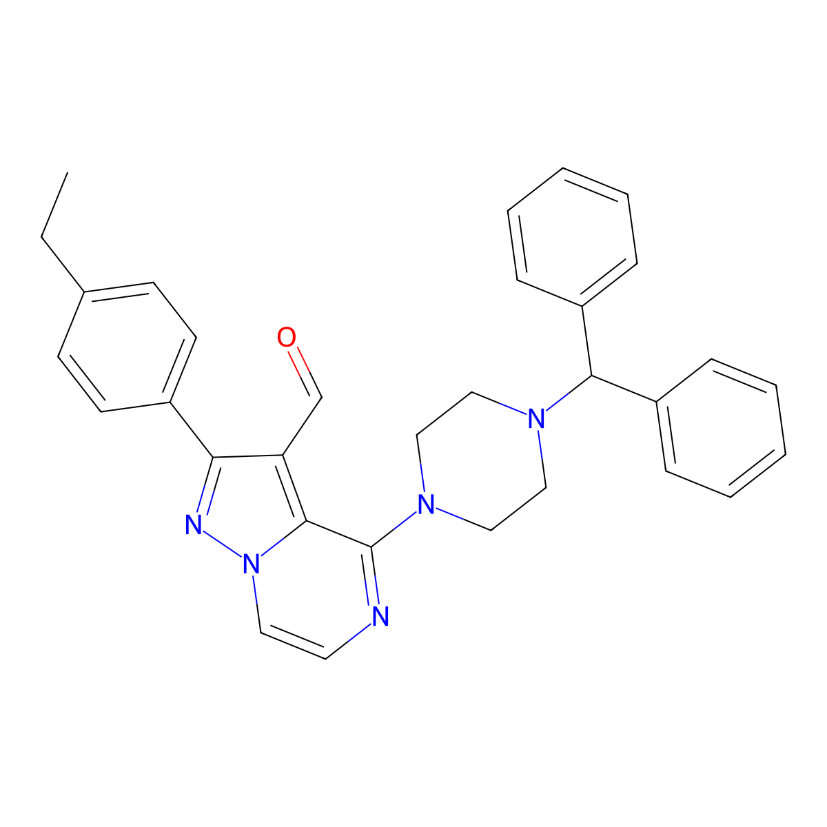 4-[4-(Diphenylmethyl)piperazin-1-yl]-2-(4-ethylphenyl)pyrazolo[1,5-a]pyrazine-3-carbaldehyde molecular structure, CAS 1019164-16-9