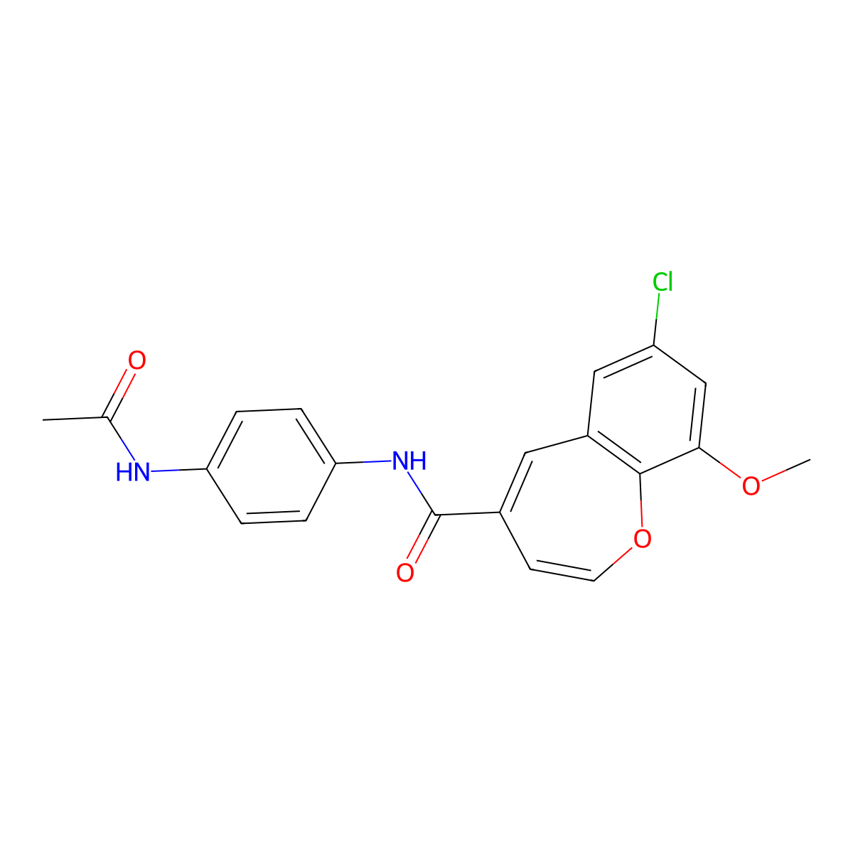 7-Chloro-N-(4-acetamidophenyl)-9-methoxy-1-benzoxepine-4-carboxamide molecular structure, CAS 1019170-10-5