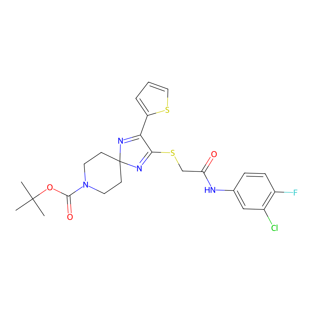 Tert-butyl 2-((2-((3-chloro-4-fluorophenyl)amino)-2-oxoethyl)thio)-3-(thiophen-2-yl)-1,4,8-triazaspiro[4.5]deca-1,3-diene-8-carboxylate molecular structure, CAS 1019186-87-8