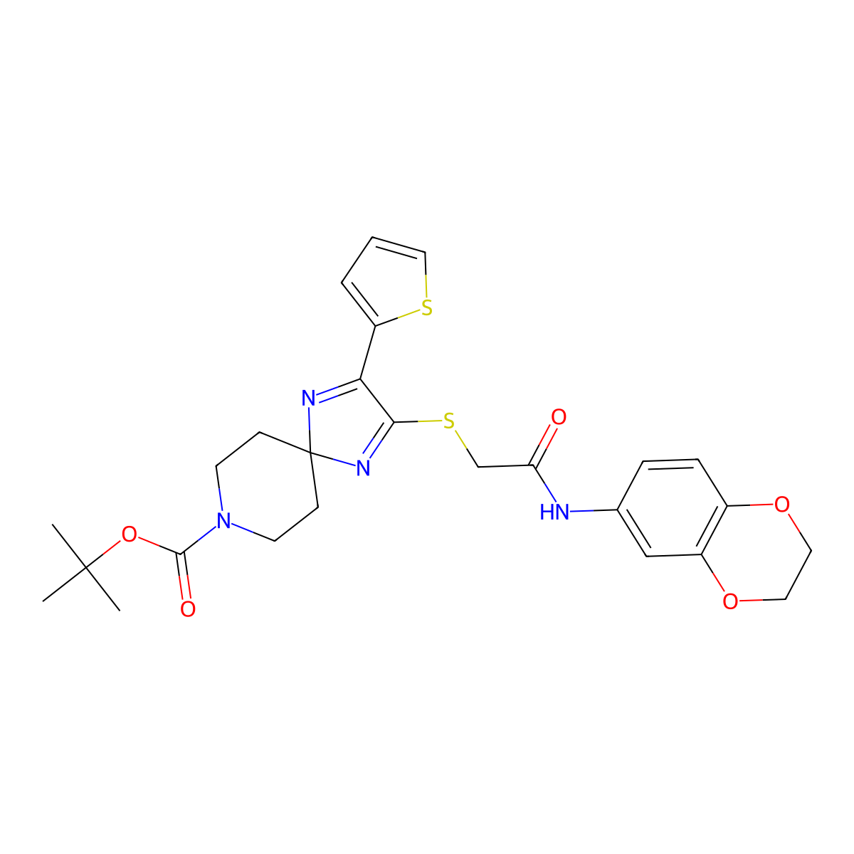 Tert-butyl 2-((2-((2,3-dihydrobenzo[b][1,4]dioxin-6-yl)amino)-2-oxoethyl)thio)-3-(thiophen-2-yl)-1,4,8-triazaspiro[4.5]deca-1,3-diene-8-carboxylate molecular structure, CAS 1019186-88-9