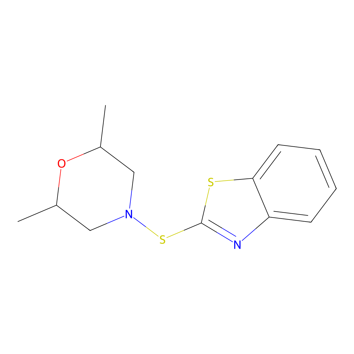 Benzothiazole, 2-[(2,6-dimethyl-4-morpholinyl)thio]- molecular structure, CAS 102-78-3