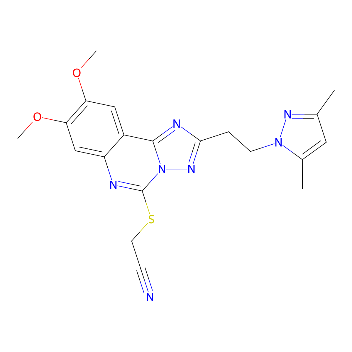2-((2-(2-(3,5-dimethyl-1H-pyrazol-1-yl)ethyl)-8,9-dimethoxy-[1,2,4]triazolo[1,5-c]quinazolin-5-yl)thio)acetonitrile molecular structure, CAS 1020048-00-3