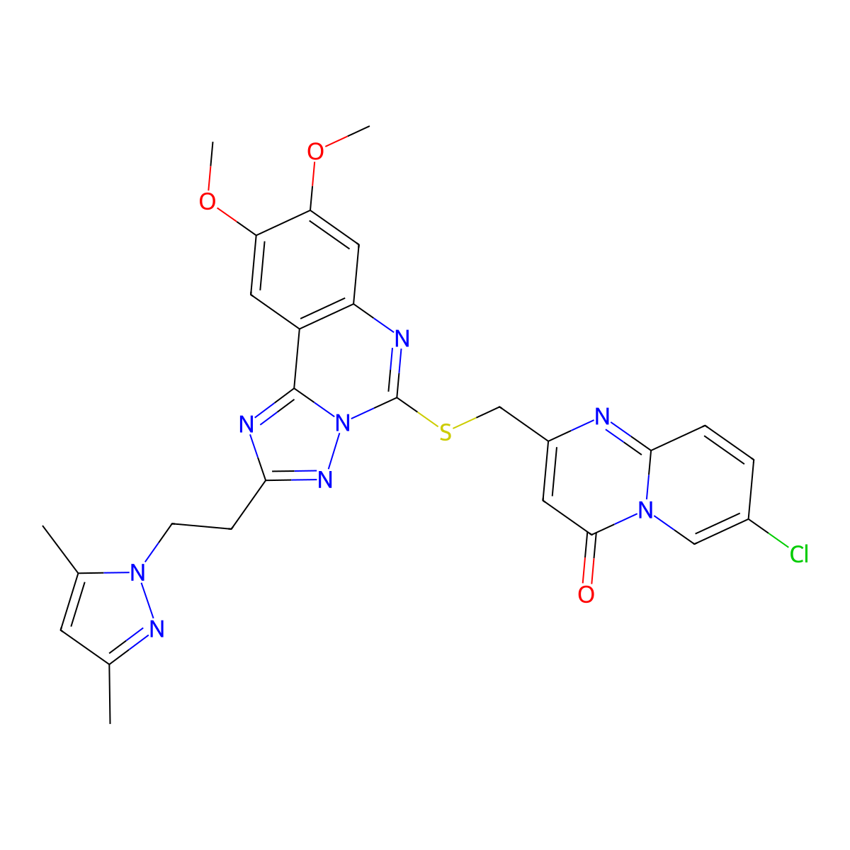 7-chloro-2-[({2-[2-(3,5-dimethyl-1H-pyrazol-1-yl)ethyl]-8,9-dimethoxy-[1,2,4]triazolo[1,5-c]quinazolin-5-yl}sulfanyl)methyl]-4H-pyrido[1,2-a]pyrimidin-4-one molecular structure, CAS 1020048-01-4